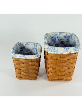 Longaberger 2 Handmade Baskets With Blue Floral Liners & Plastic Inserts